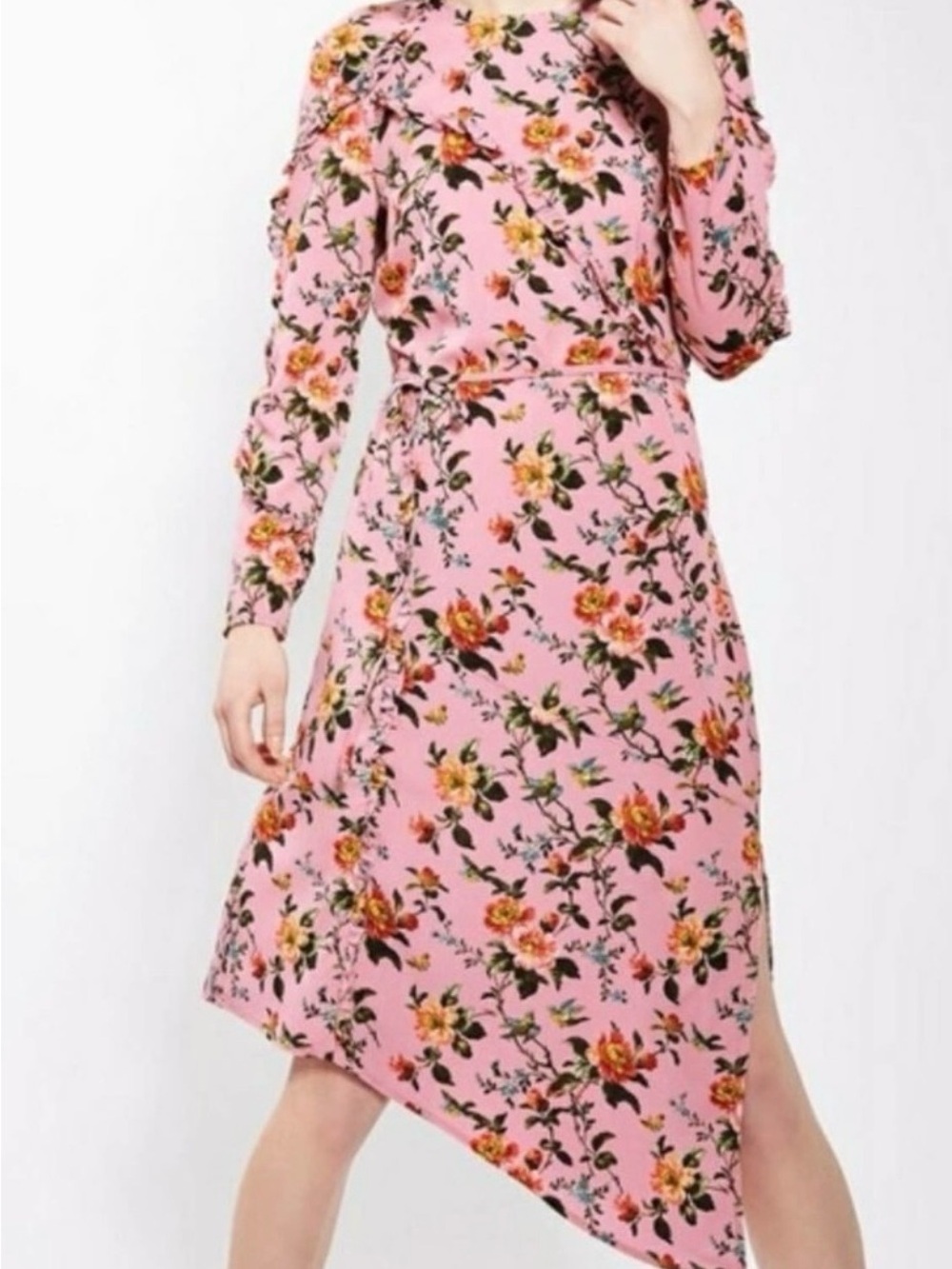 Topshop Asymmetrical Floral Ruffle Long Sleeve Dress